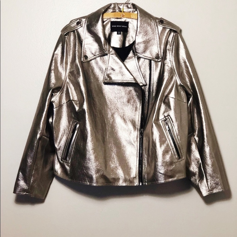 Silver Metallic Vegan Leather Moto Jacket